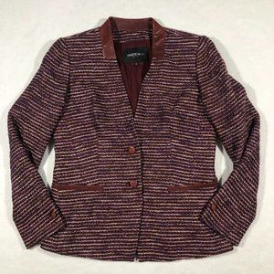 Lafayette 148 Womens 6 Wine Multicolor Tweed Blazer Jacket Leather Button Front